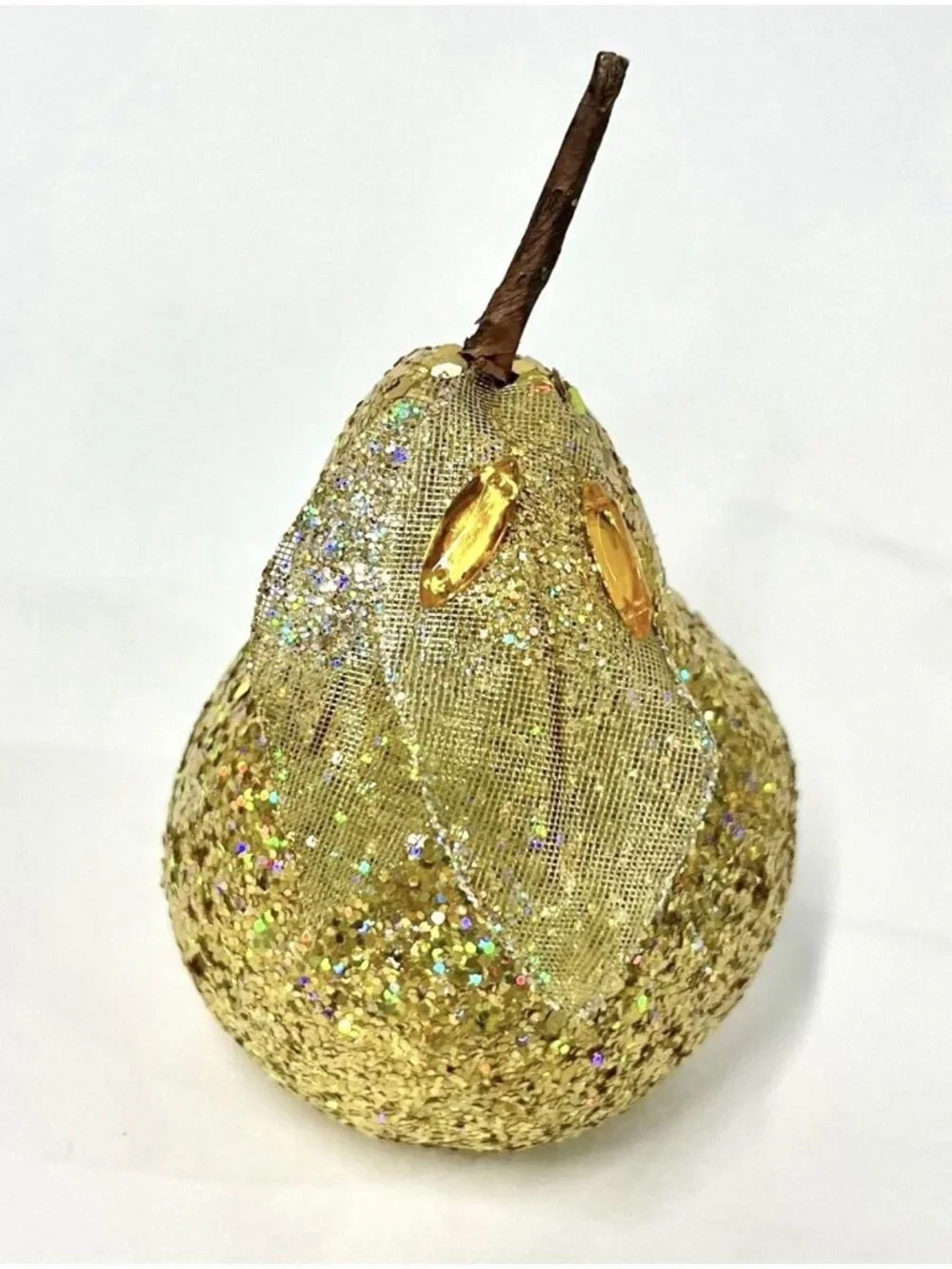 4 Sequin Gold Pear Faux Fruit Jewel Glitter Leaves Decorative Holiday Decor 5”